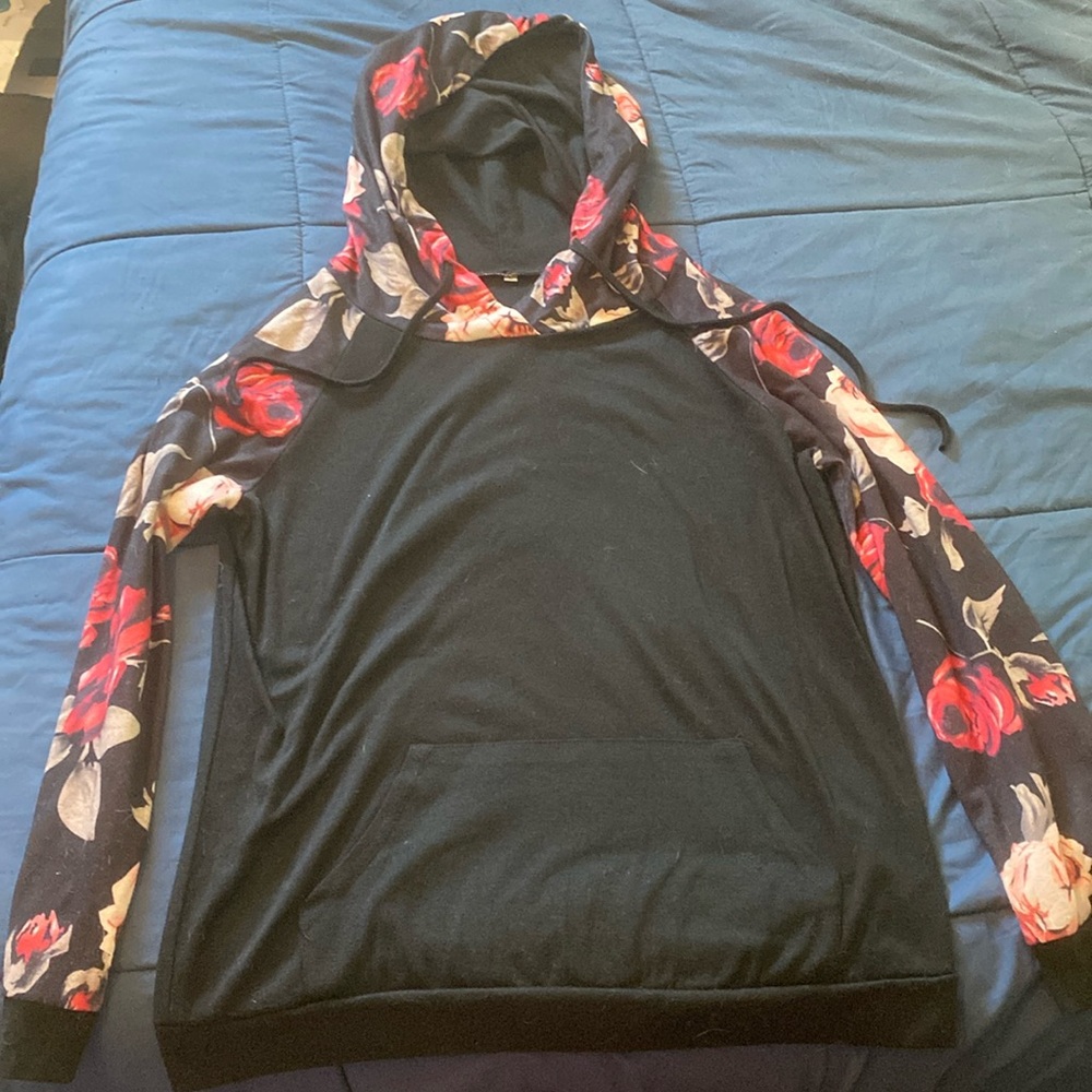 Very comfortable and cute black/floral hooded shirt.